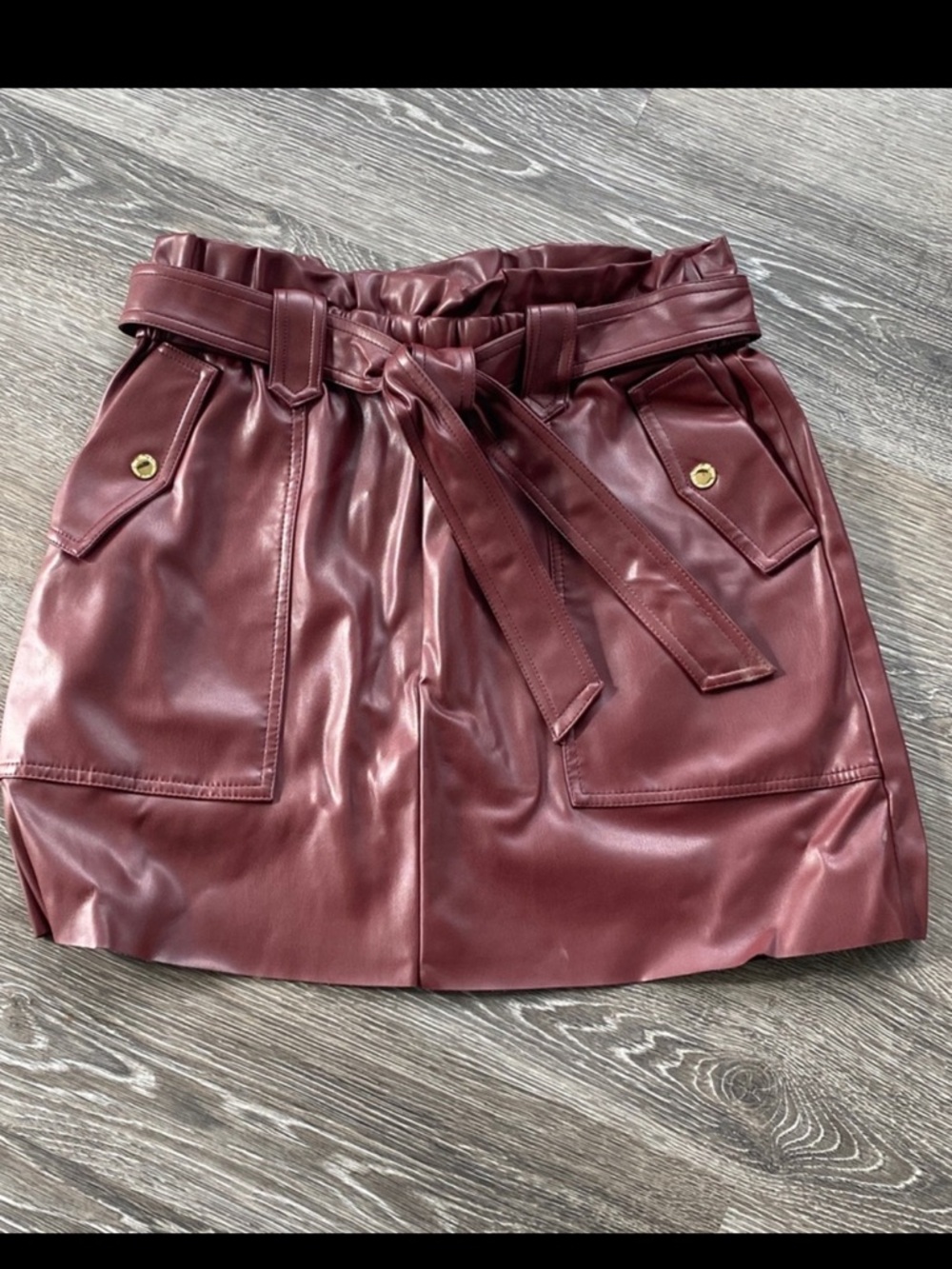 Faux Leather Paperbag Waist Skirt in Burgundy